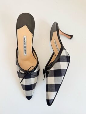 Manolo Blahnik LATAMU Black White Gingham Check Bow Pointed Toe Kitten mules 38